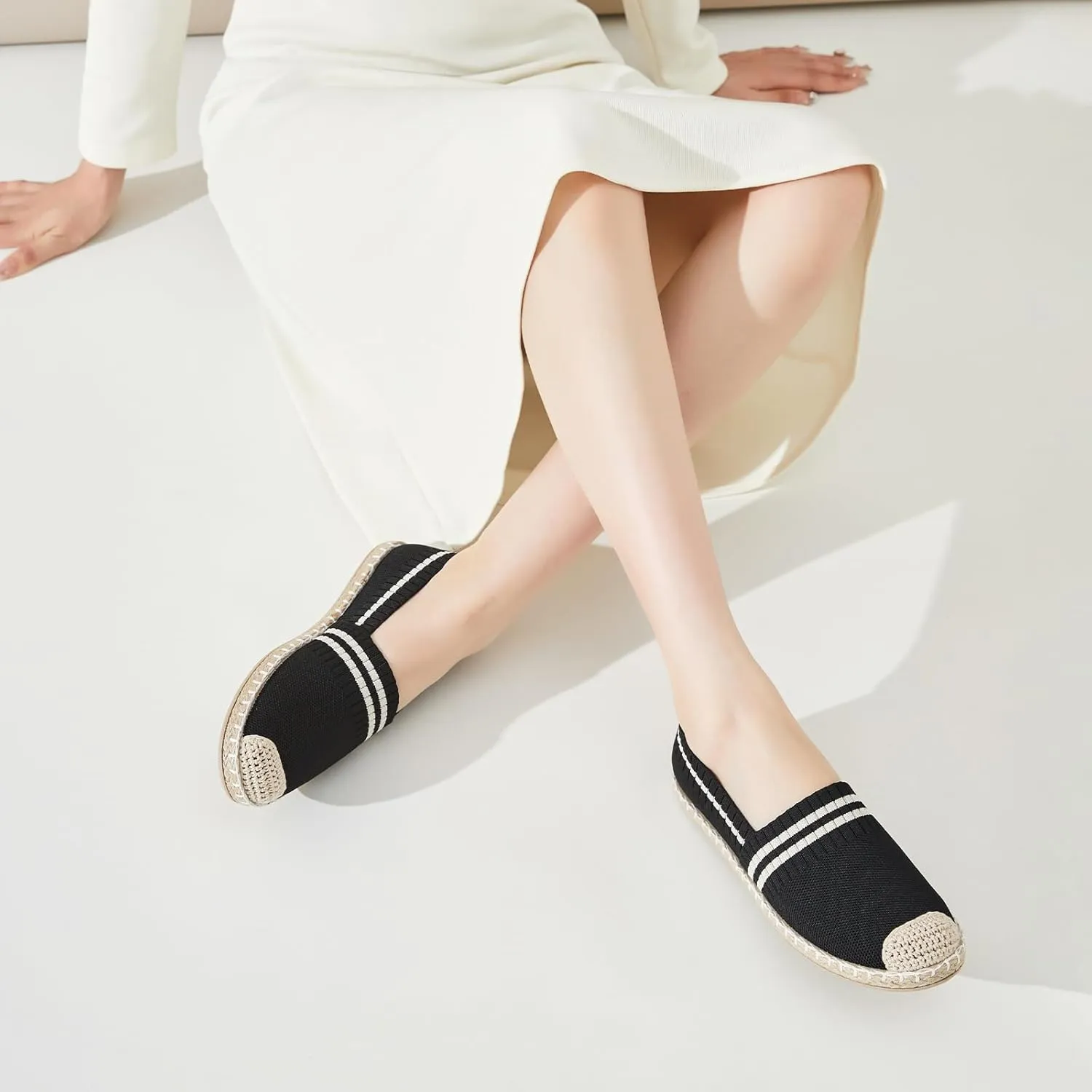 FINIWOR Espadrilles for Women Black Flat Shoes Women White Ballet Loafers Breathable Soft Casual Walking Slip On Shoes Women