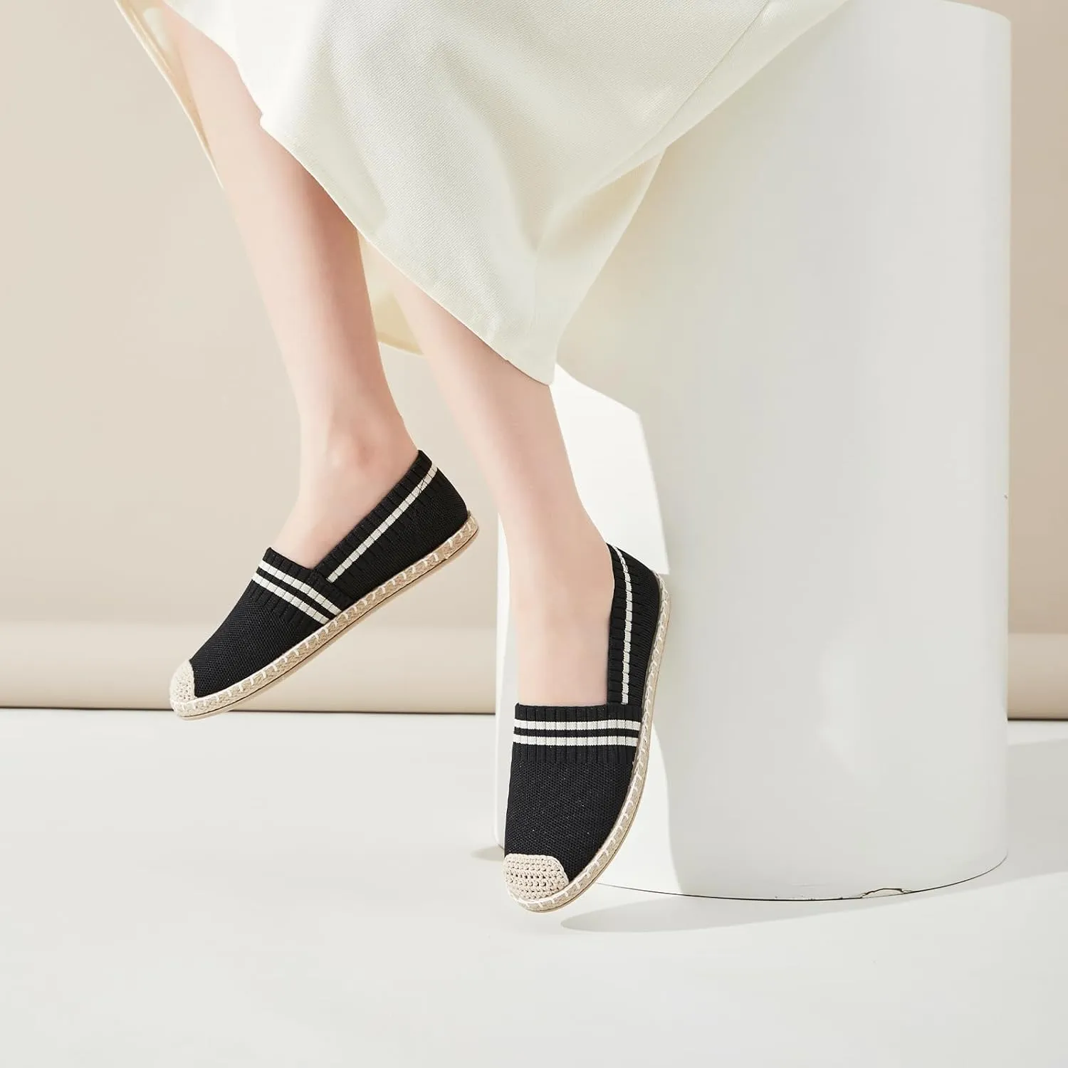 FINIWOR Espadrilles for Women Black Flat Shoes Women White Ballet Loafers Breathable Soft Casual Walking Slip On Shoes Women