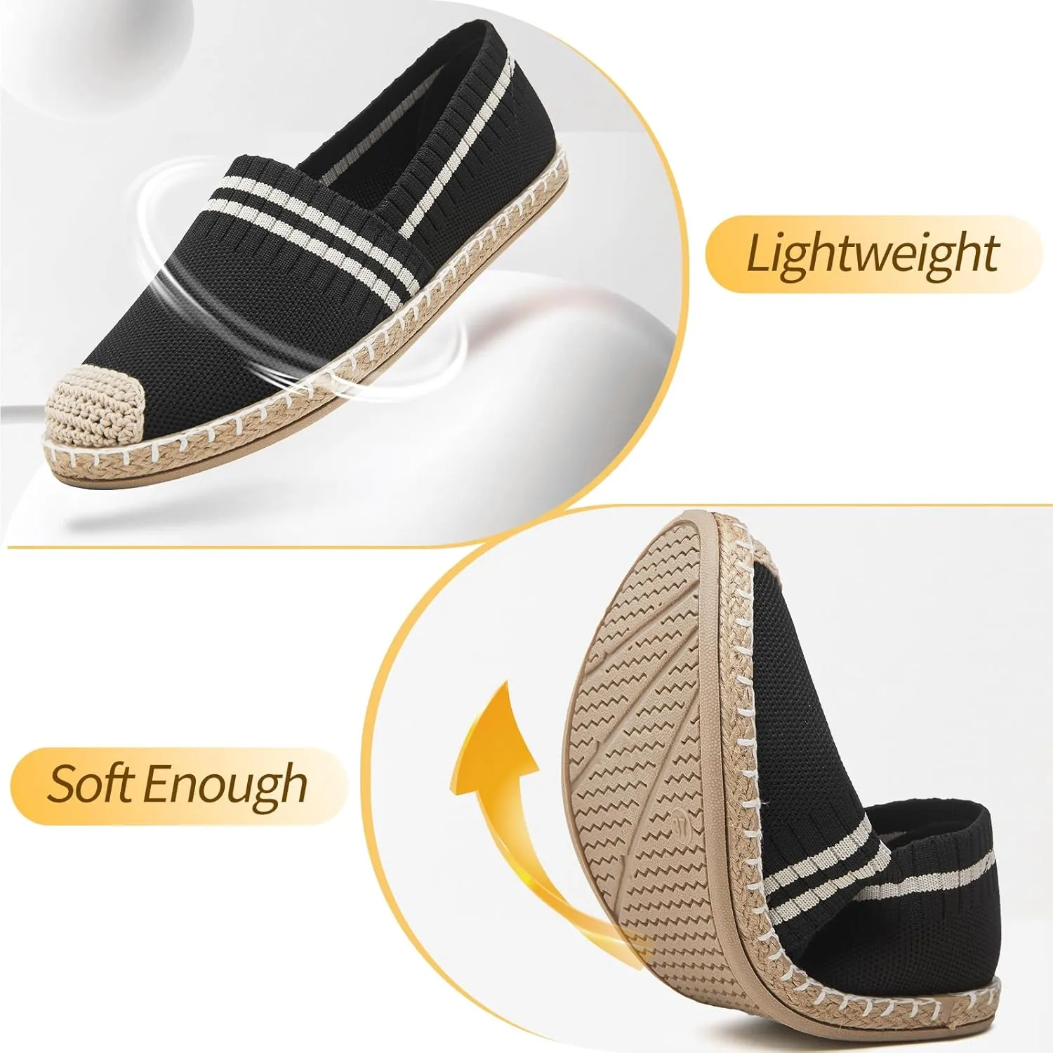 FINIWOR Espadrilles for Women Black Flat Shoes Women White Ballet Loafers Breathable Soft Casual Walking Slip On Shoes Women