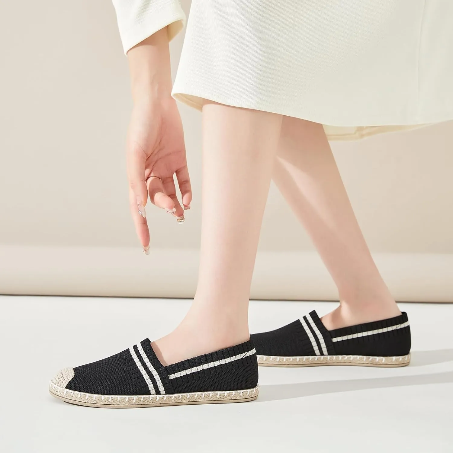 FINIWOR Espadrilles for Women Black Flat Shoes Women White Ballet Loafers Breathable Soft Casual Walking Slip On Shoes Women