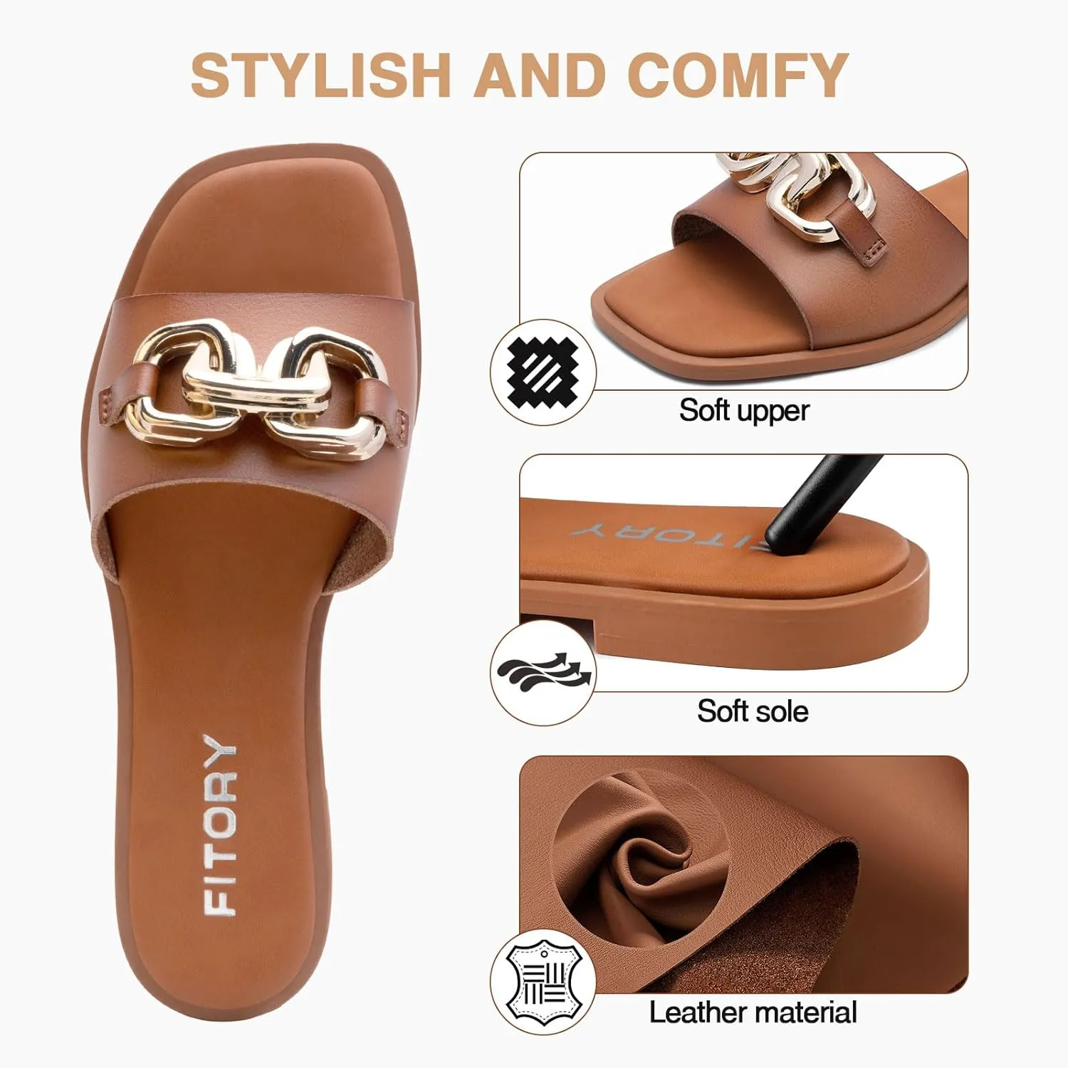 FITORY Women's Flat Sandals Fashion Slides With Soft Leather Slippers for Summer Size 6-11