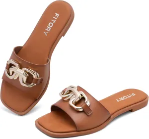 FITORY Women's Flat Sandals Fashion Slides With Soft Leather Slippers for Summer Size 6-11