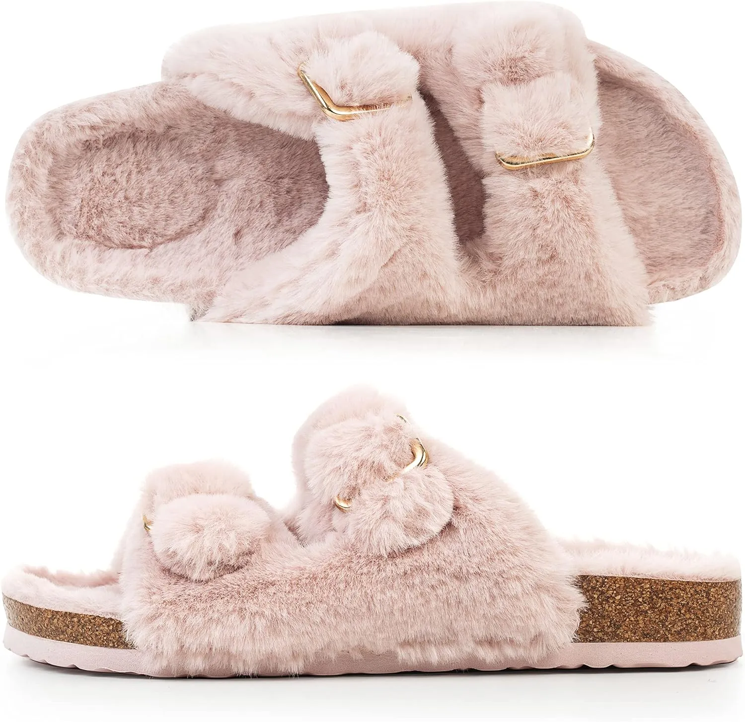 FITORY Womens Open Toe Slipper with Cozy Lining,Faux Rabbit Fur Cork Slide Sandals Size 6-11