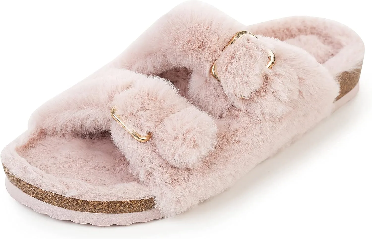FITORY Womens Open Toe Slipper with Cozy Lining,Faux Rabbit Fur Cork Slide Sandals Size 6-11