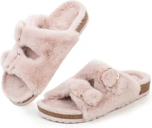 FITORY Womens Open Toe Slipper with Cozy Lining,Faux Rabbit Fur Cork Slide Sandals Size 6-11