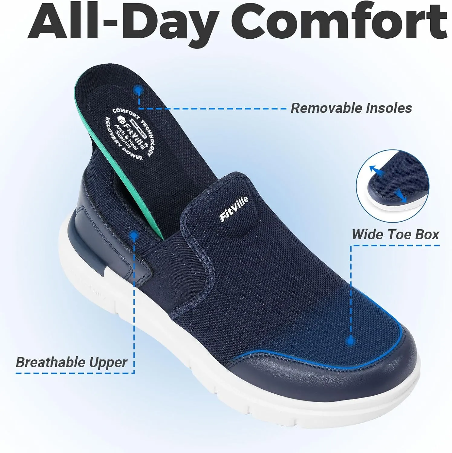 FitVille Men's Extra Wide Slip on Walking Shoes, Lightweight Non-Slip Breathable Casual Loafers for Standing All Day