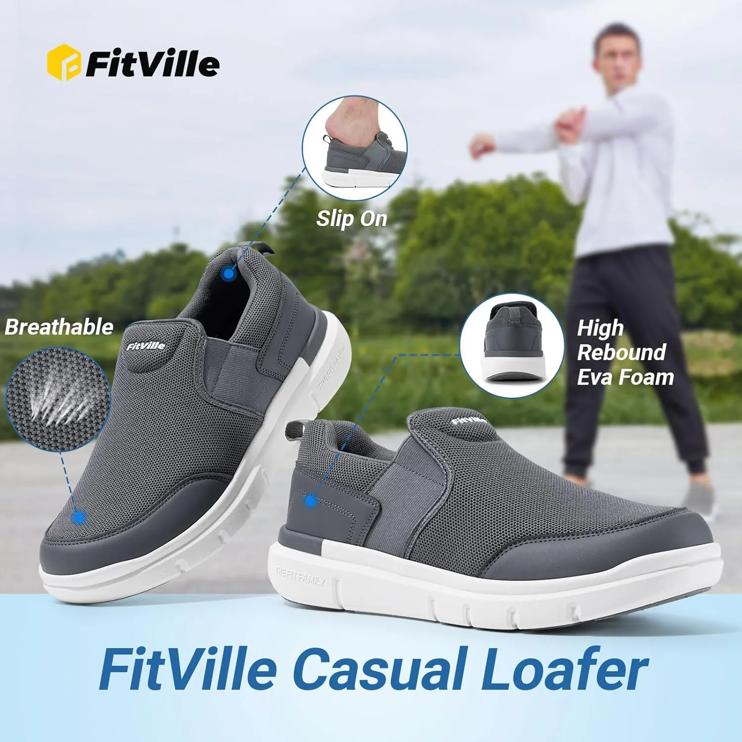 FitVille Men's Extra Wide Slip on Walking Shoes, Lightweight Non-Slip Breathable Casual Loafers for Standing All Day