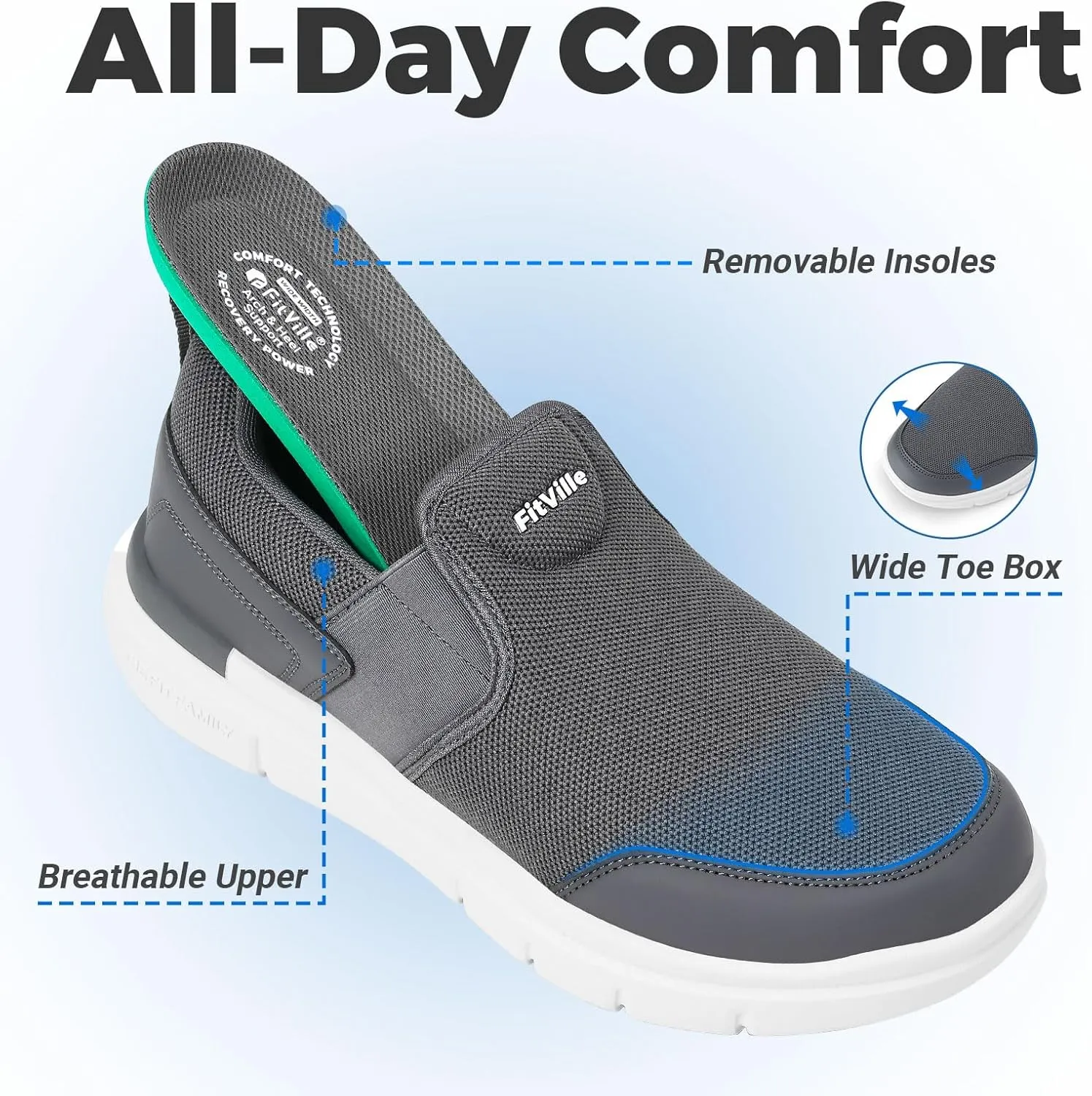 FitVille Men's Extra Wide Slip on Walking Shoes, Lightweight Non-Slip Breathable Casual Loafers for Standing All Day