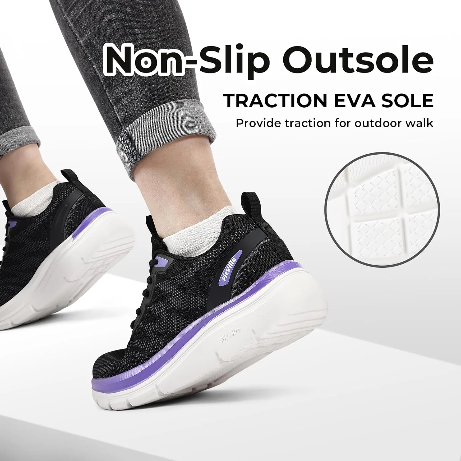 FitVille Women's Wide Walking Shoes Lightweight Sneakers for Women Wide Width for Flat Foot Plantar Fasciitis Heel Pain Relief - Cloud Walker V8