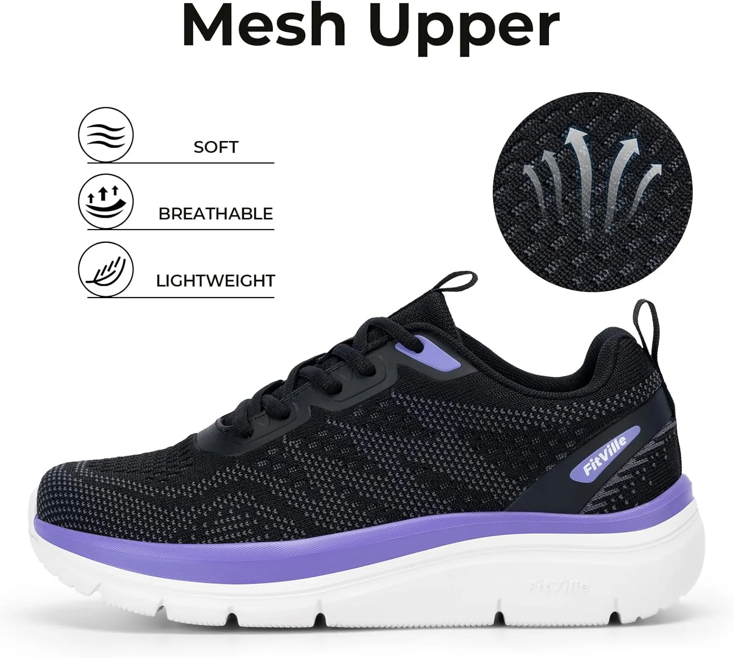 FitVille Women's Wide Walking Shoes Lightweight Sneakers for Women Wide Width for Flat Foot Plantar Fasciitis Heel Pain Relief - Cloud Walker V8