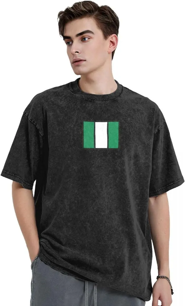 Flat Pattern Nigeria Flag Men's Graphic Cotton T-Shirt Distressed National Emblems Design Soft Crew Neck Casual Summer Tee