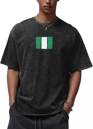 Flat Pattern Nigeria Flag Men's Graphic Cotton T-Shirt Distressed National Emblems Design Soft Crew Neck Casual Summer Tee