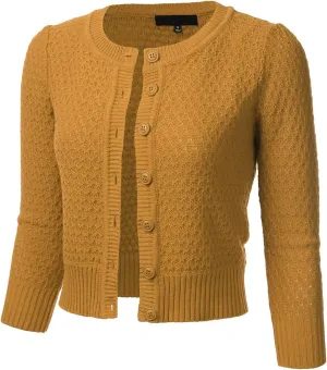 FLORIA Women's Button Down 3/4 Sleeve Crew Neck Cotton Knit Cropped Cardigan Sweater (S-3X)