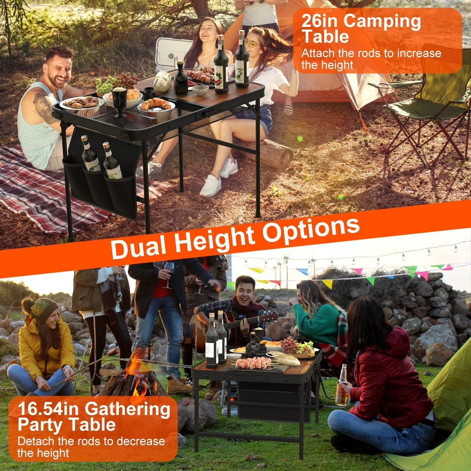 Foldable Camping Table with Adjustable Height & Hanging Storage Net, 35.4x23.6in Lightweight Aluminum Alloy Collapsible Picnic/BBQ Table, 66LBS Load, Portable Fold Up Table for Travel, Backyard