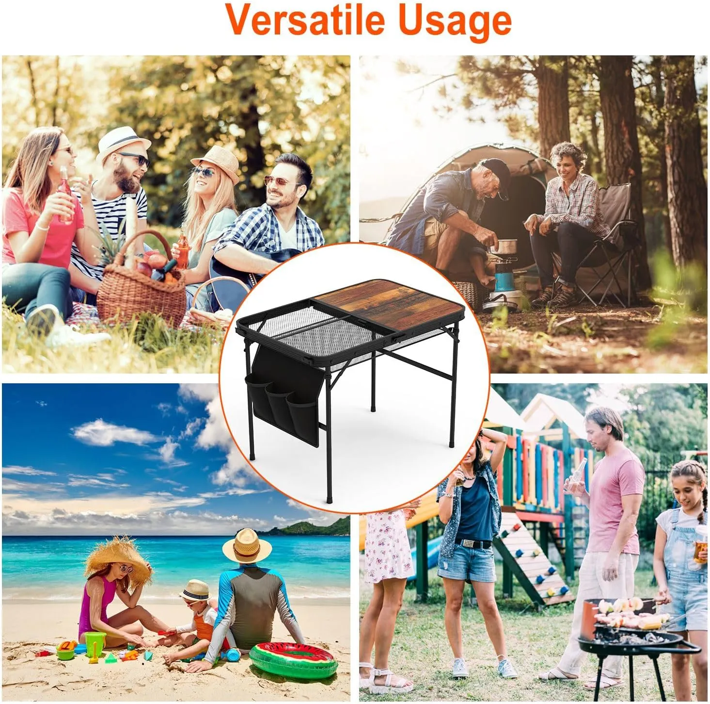 Foldable Camping Table with Adjustable Height & Hanging Storage Net, 35.4x23.6in Lightweight Aluminum Alloy Collapsible Picnic/BBQ Table, 66LBS Load, Portable Fold Up Table for Travel, Backyard
