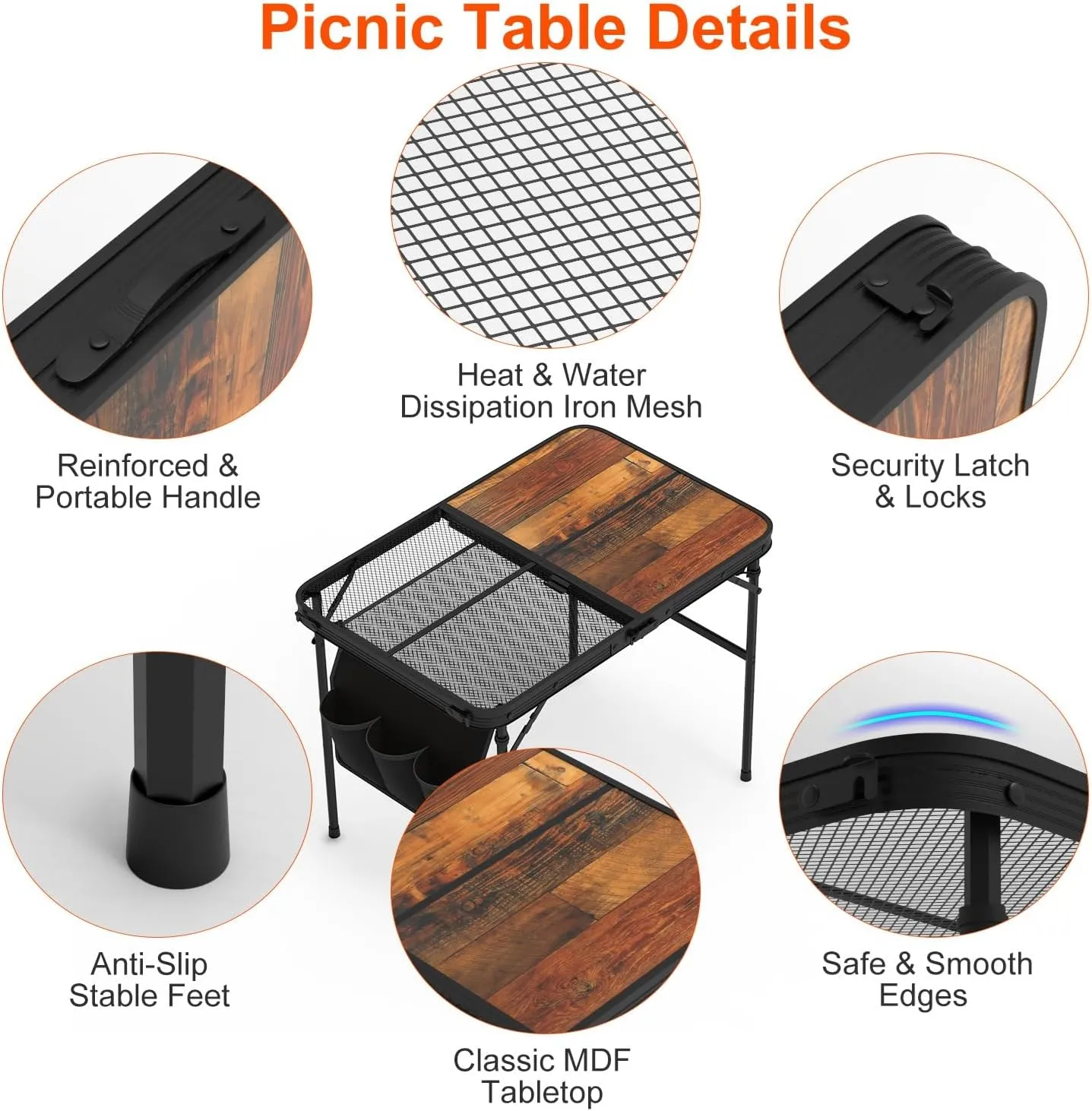 Foldable Camping Table with Adjustable Height & Hanging Storage Net, 35.4x23.6in Lightweight Aluminum Alloy Collapsible Picnic/BBQ Table, 66LBS Load, Portable Fold Up Table for Travel, Backyard