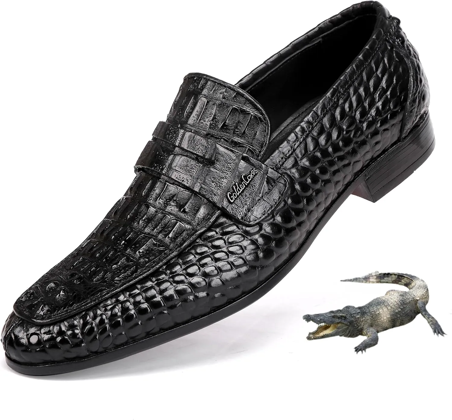 Formal Mens Leather Dress Shoes, Classic Ostrich Pattern Slip On Buckle Loafers Business Shoes Party Wedding Leather Loafers for Mens, Black