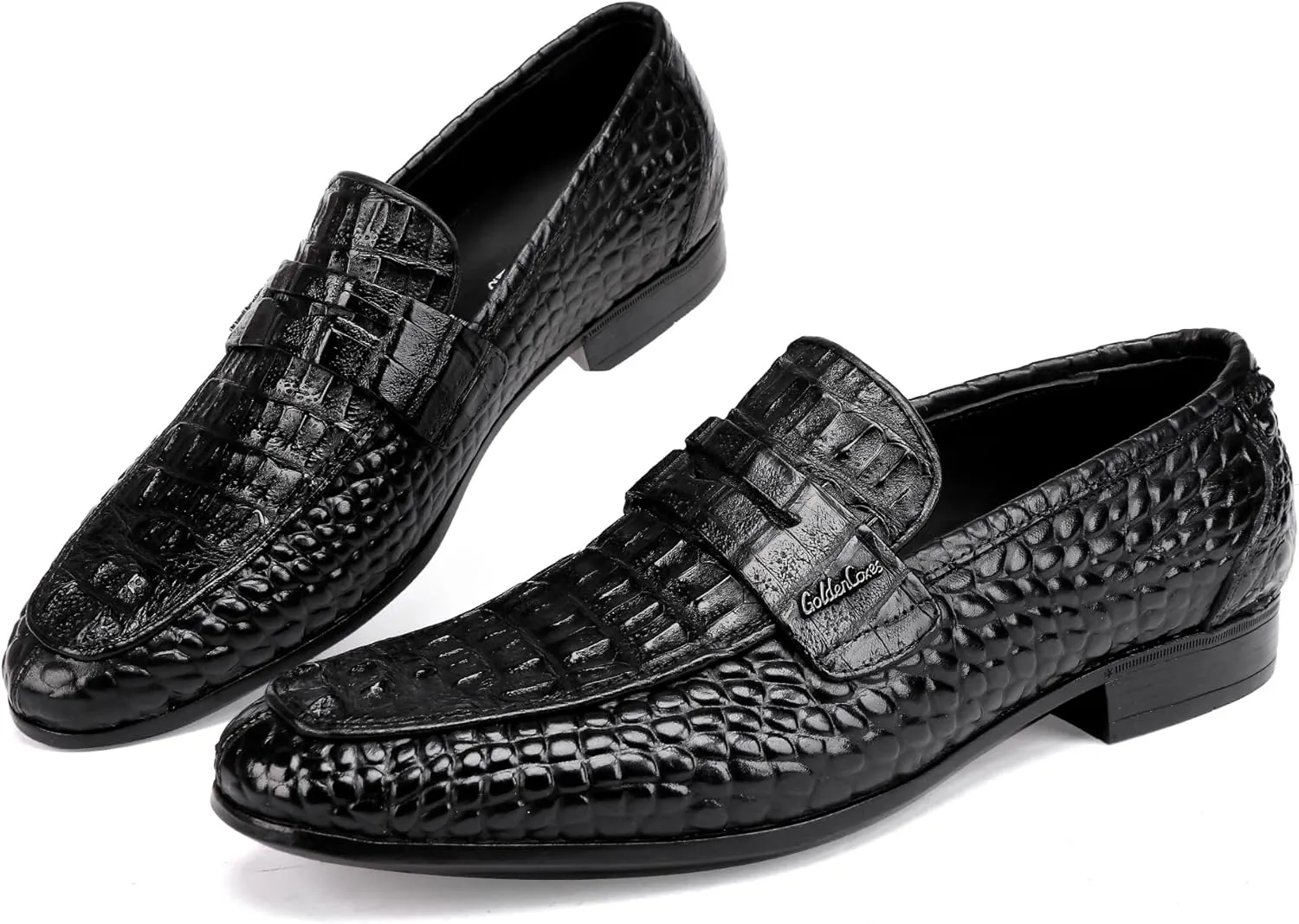 Formal Mens Leather Dress Shoes, Classic Ostrich Pattern Slip On Buckle Loafers Business Shoes Party Wedding Leather Loafers for Mens, Black
