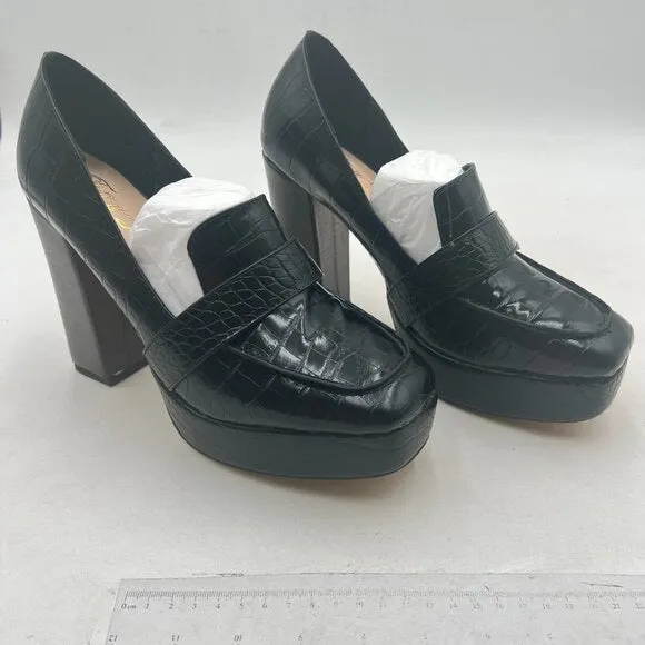 FOWT Black Chunky Heel Leather Loafer Square Toe High Heel Loafer Slip-on Shoes