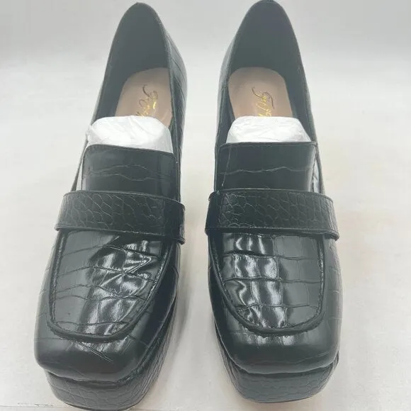FOWT Black Chunky Heel Leather Loafer Square Toe High Heel Loafer Slip-on Shoes