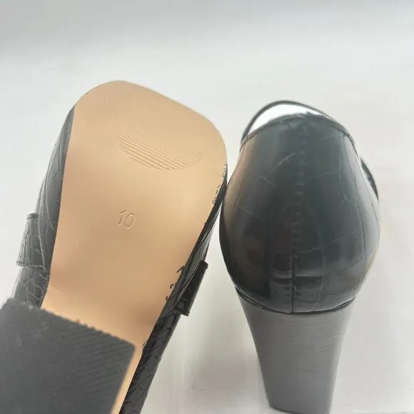 FOWT Black Chunky Heel Leather Loafer Square Toe High Heel Loafer Slip-on Shoes