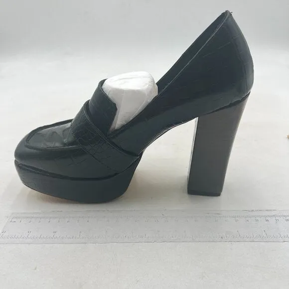 FOWT Black Chunky Heel Leather Loafer Square Toe High Heel Loafer Slip-on Shoes