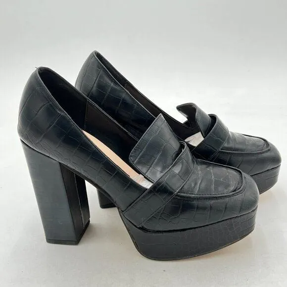 FOWT Black Chunky Heel Square Toe High Heel Slip-on Crocodile-textured Loafers