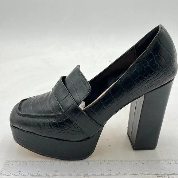 FOWT Black Chunky Heel Square Toe High Heel Slip-on Crocodile-textured Loafers