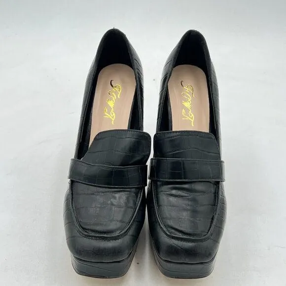 FOWT Black Chunky Heel Square Toe High Heel Slip-on Crocodile-textured Loafers
