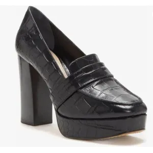 FOWT Black Chunky Heel Square Toe High Heel Slip-on Crocodile-textured Loafers