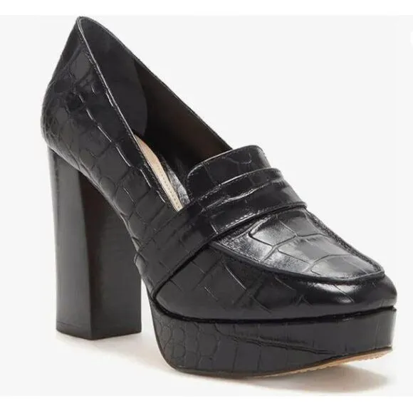 FOWT Black Chunky Heel Square Toe High Heel Slip-on Crocodile-textured Loafers