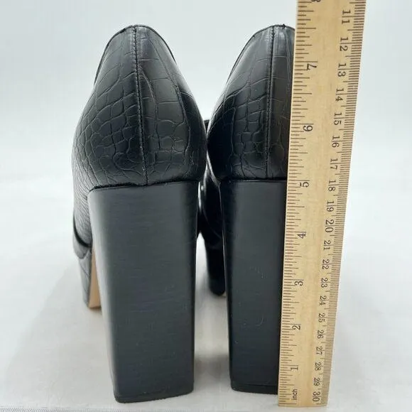FOWT Black Chunky Heel Square Toe High Heel Slip-on Crocodile-textured Loafers