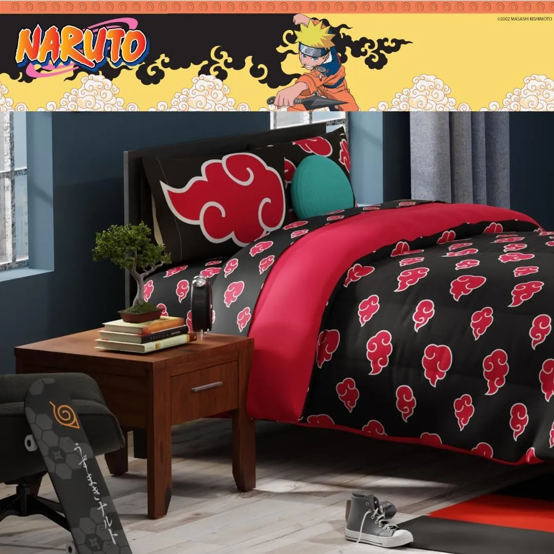 Franco Collectibles Naruto Anime Akatsuki Bedding 7 Piece Super Soft Reversible Comforter and Sheet Set with Sham, Queen, (Officially Licensed Product)