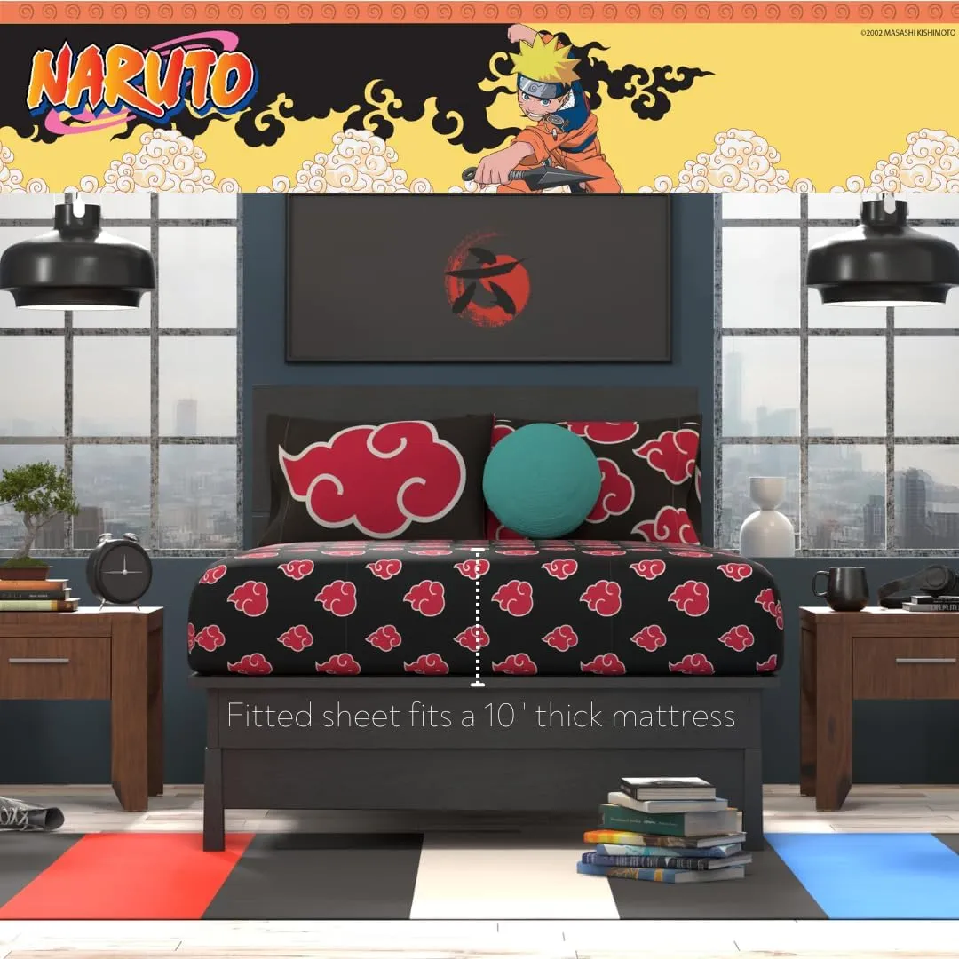 Franco Collectibles Naruto Anime Akatsuki Bedding 7 Piece Super Soft Reversible Comforter and Sheet Set with Sham, Queen, (Officially Licensed Product)