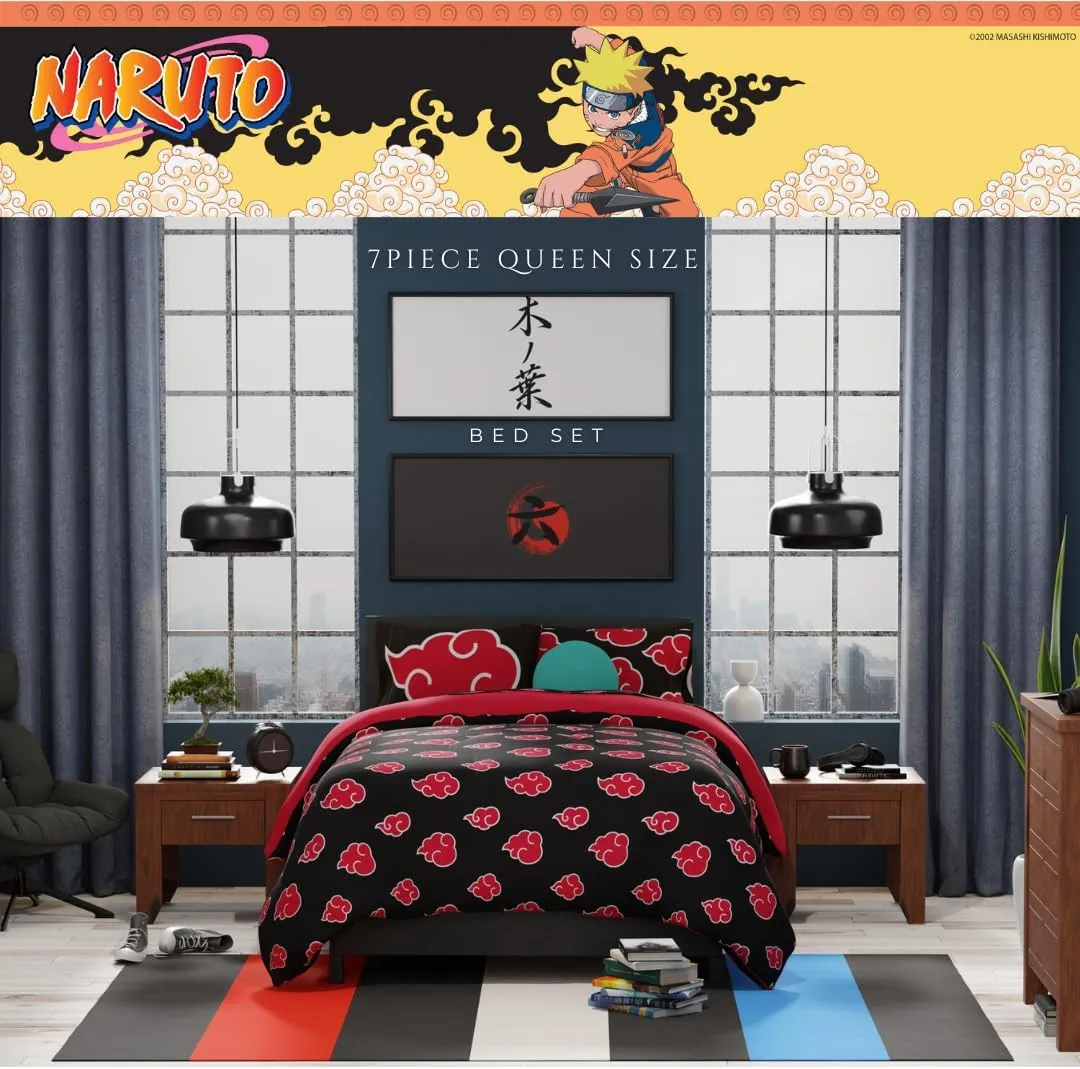 Franco Collectibles Naruto Anime Akatsuki Bedding 7 Piece Super Soft Reversible Comforter and Sheet Set with Sham, Queen, (Officially Licensed Product)