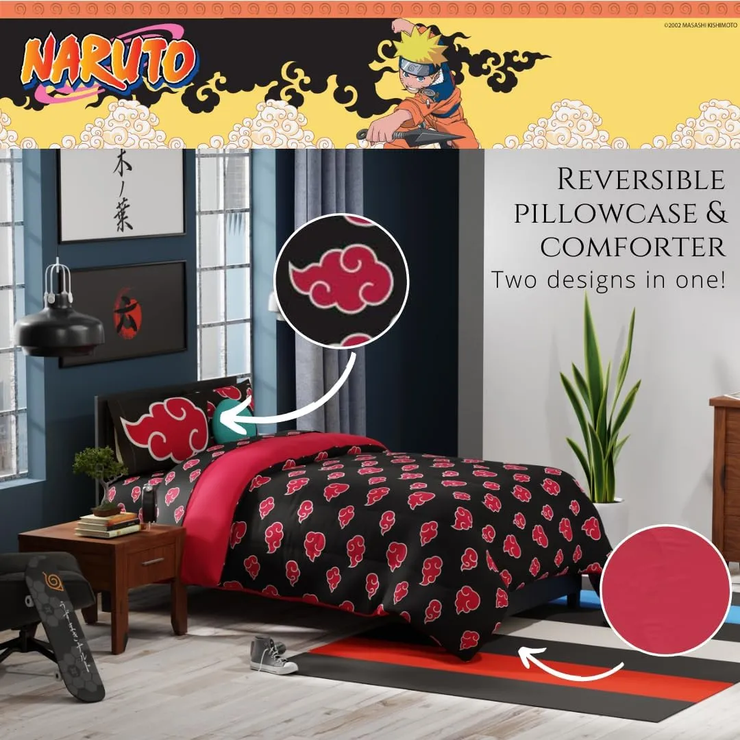 Franco Collectibles Naruto Anime Akatsuki Bedding 7 Piece Super Soft Reversible Comforter and Sheet Set with Sham, Queen, (Officially Licensed Product)