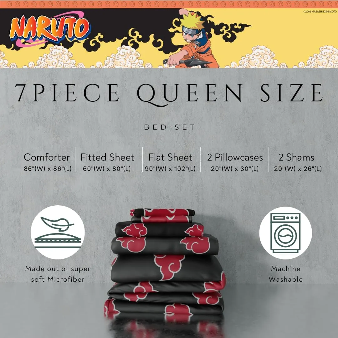 Franco Collectibles Naruto Anime Akatsuki Bedding 7 Piece Super Soft Reversible Comforter and Sheet Set with Sham, Queen, (Officially Licensed Product)