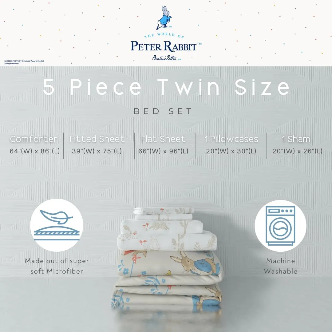 Franco Peter Rabbit Easter Kids Bedding Super Soft & Cozy Reverisble Microfiber Comforter and Sheet Set with Sham, 5 Piece Twin Size, (Officially Licensed Product)
