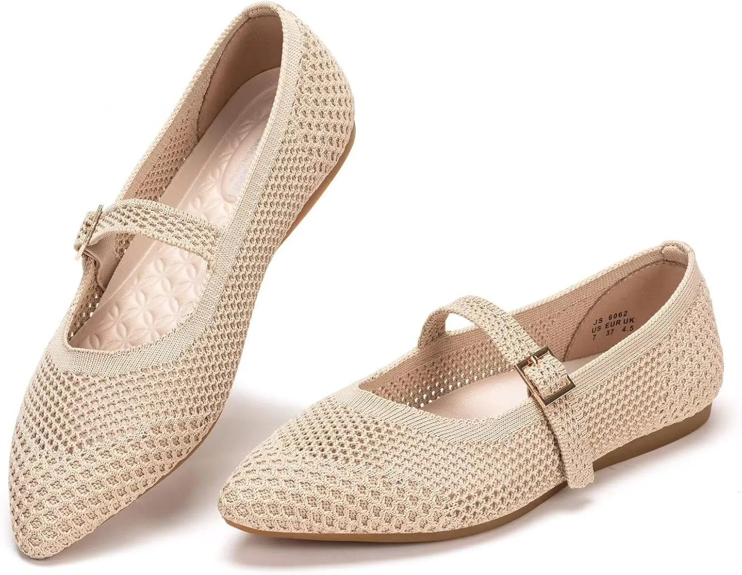 Frank Mully Women's Mesh Flats Mary Jane Shoes Pointed Toe Lightweight with Adjustable Instep Strap Knit Flat Shoes for Women Dressy Casual Washable Walking Shoes