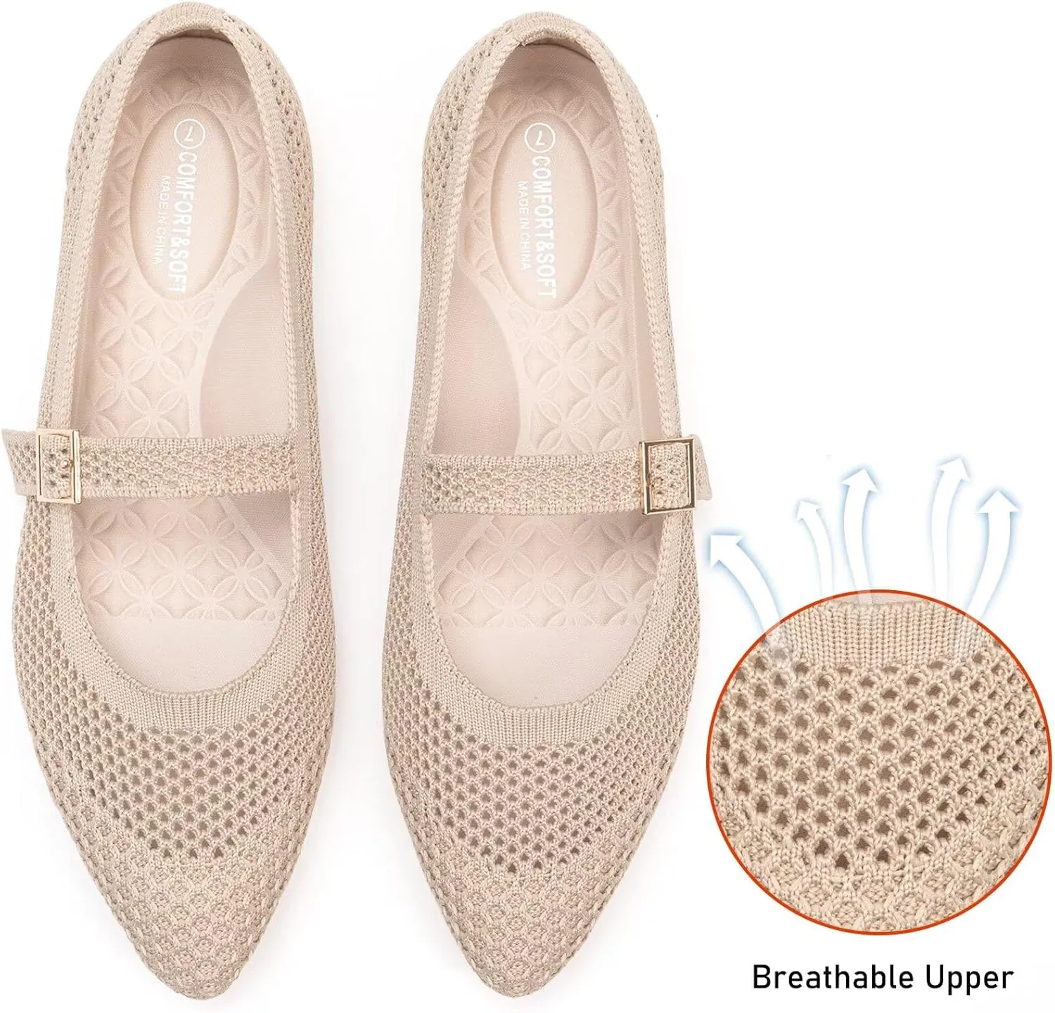 Frank Mully Women's Mesh Flats Mary Jane Shoes Pointed Toe Lightweight with Adjustable Instep Strap Knit Flat Shoes for Women Dressy Casual Washable Walking Shoes