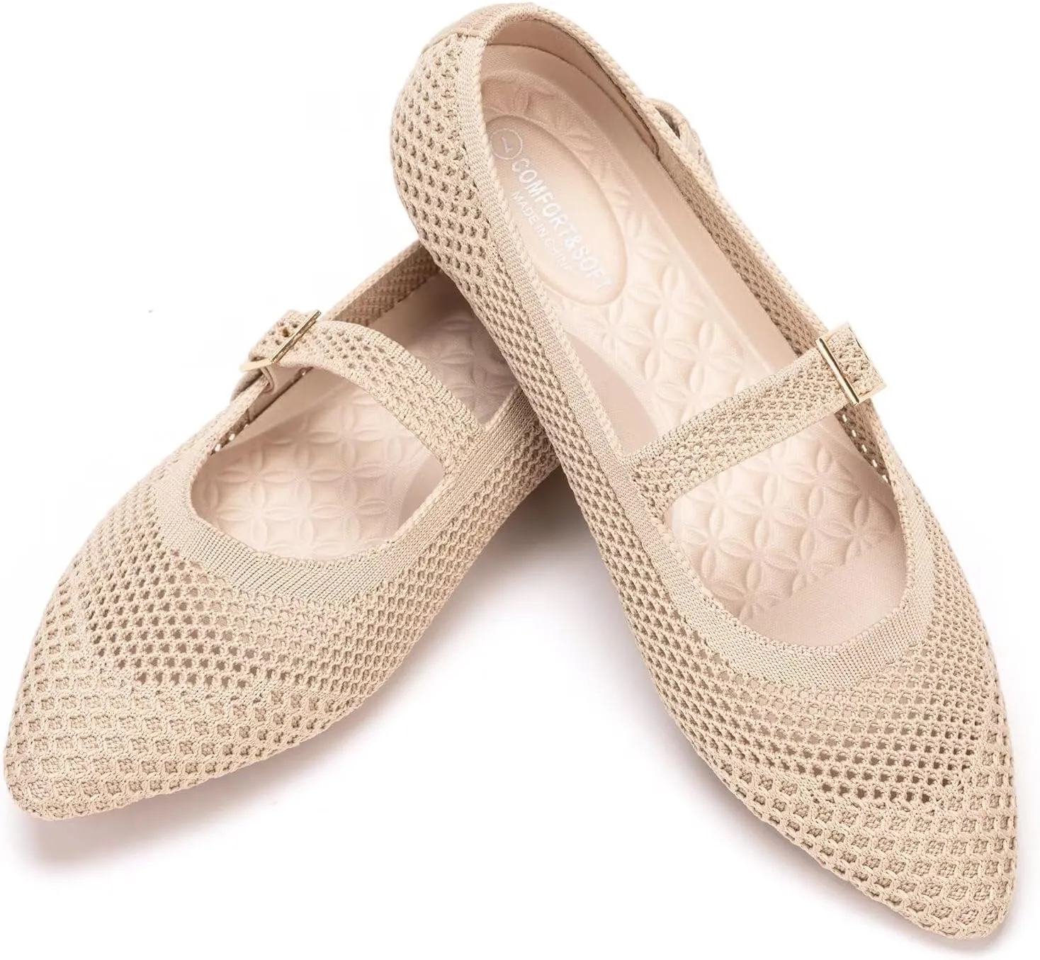 Frank Mully Women's Mesh Flats Mary Jane Shoes Pointed Toe Lightweight with Adjustable Instep Strap Knit Flat Shoes for Women Dressy Casual Washable Walking Shoes