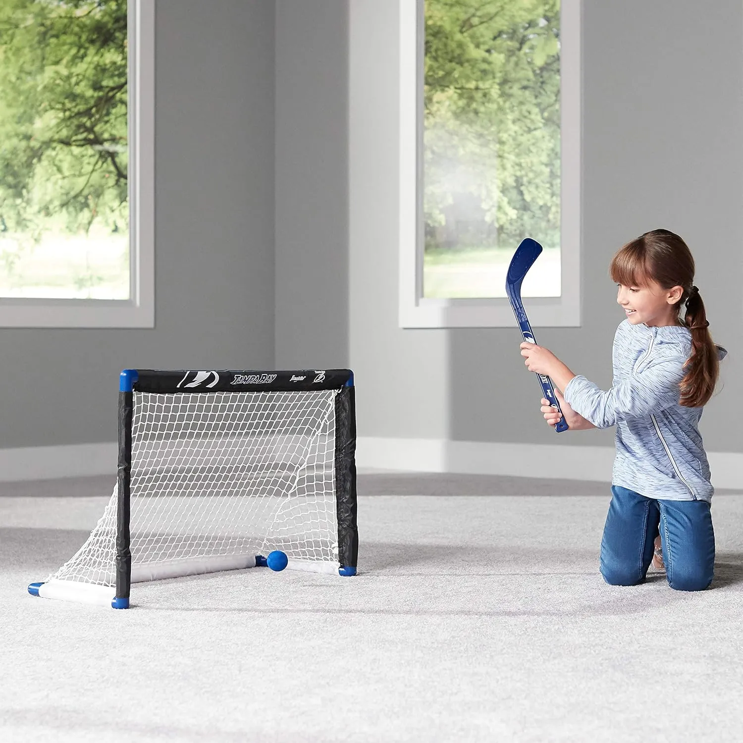 Franklin Sports NHL Mini Hockey Set - Kids Indoor Knee Hockey Goal, Ball,   2 Stick Combo - Youth Team Indoor Toy Set - Official - Ages 3 