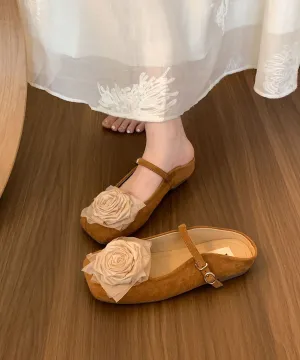 Französische Bequeme Blumige Splicing Braune Wildleder Rutsch-Sandalen