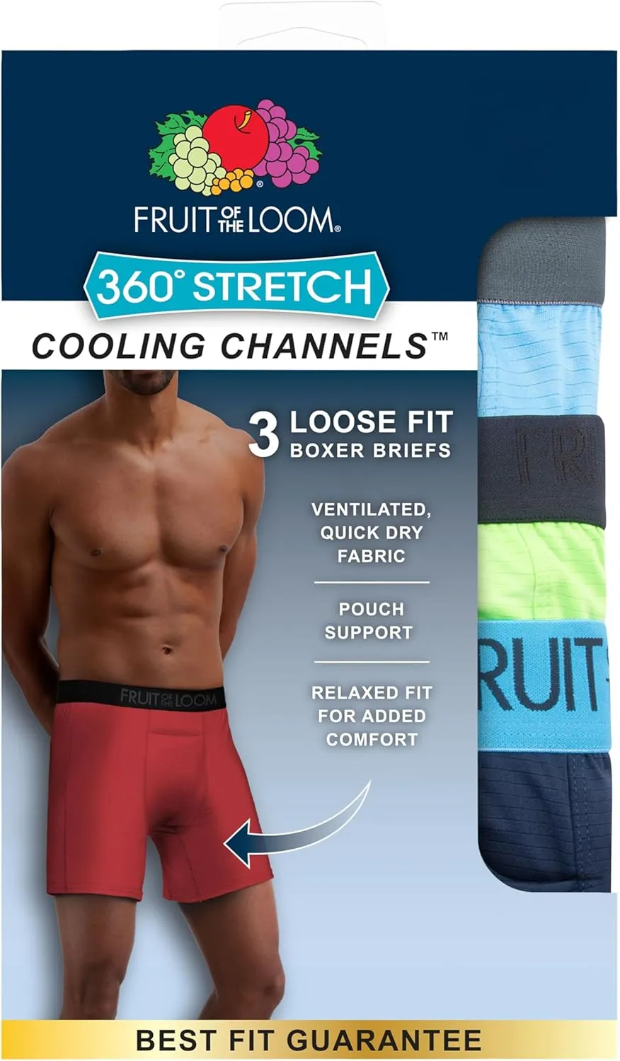 Fruit of the Loom Men's 4-Way Stretch Boxer Briefs | Lightweight & Moisture Wicking Underwear | Long, Regular Leg & Trunk