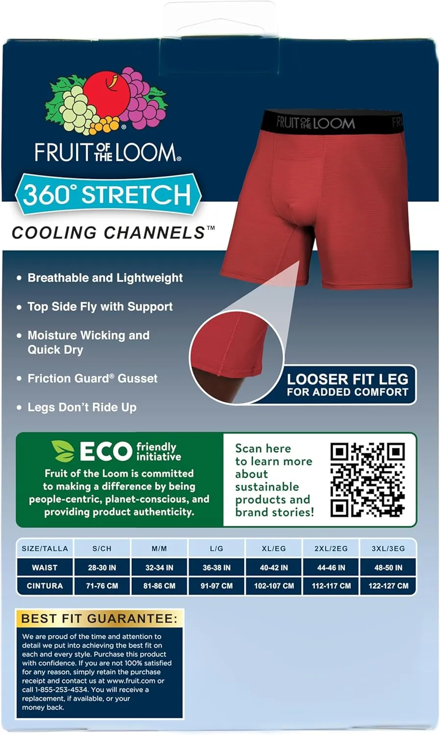Fruit of the Loom Men's 4-Way Stretch Boxer Briefs | Lightweight & Moisture Wicking Underwear | Long, Regular Leg & Trunk