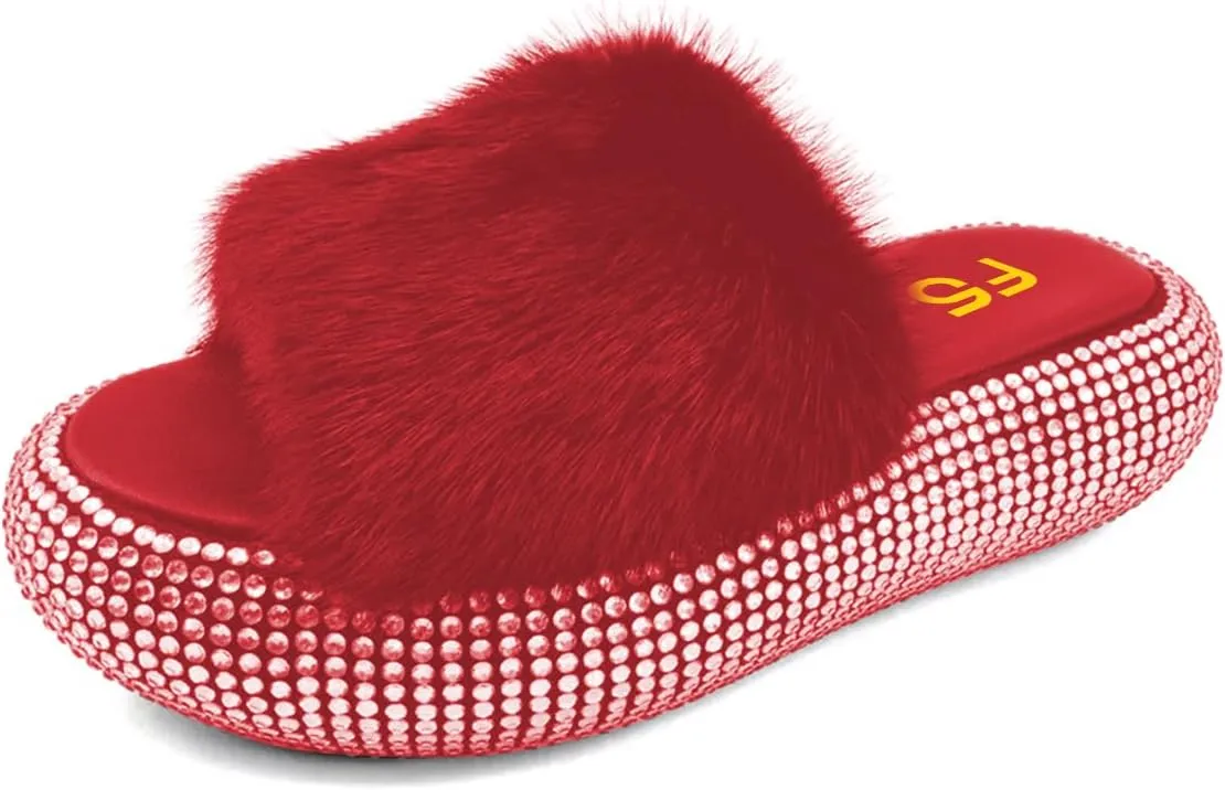 FSJ Women Fur Fur Open Toe Mules Studded Rhinestone Soft Thick Sole Slippers Slip On Casual Comfy Slide Sandals Size 4-15 US