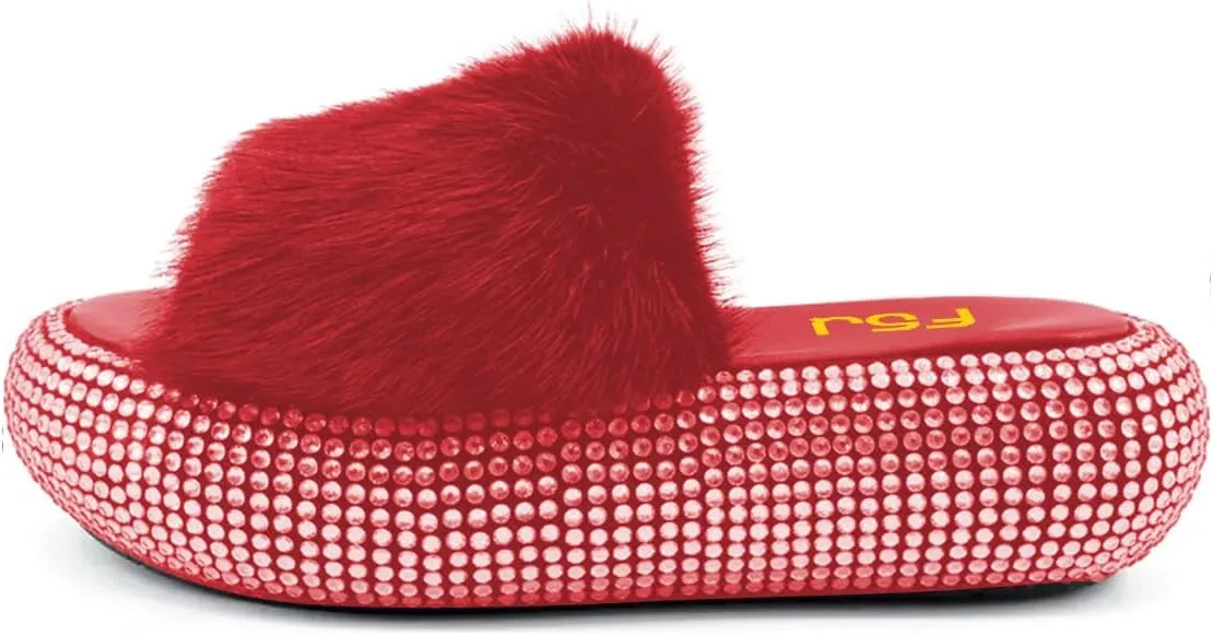FSJ Women Fur Fur Open Toe Mules Studded Rhinestone Soft Thick Sole Slippers Slip On Casual Comfy Slide Sandals Size 4-15 US