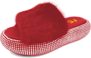 FSJ Women Fur Fur Open Toe Mules Studded Rhinestone Soft Thick Sole Slippers Slip On Casual Comfy Slide Sandals Size 4-15 US