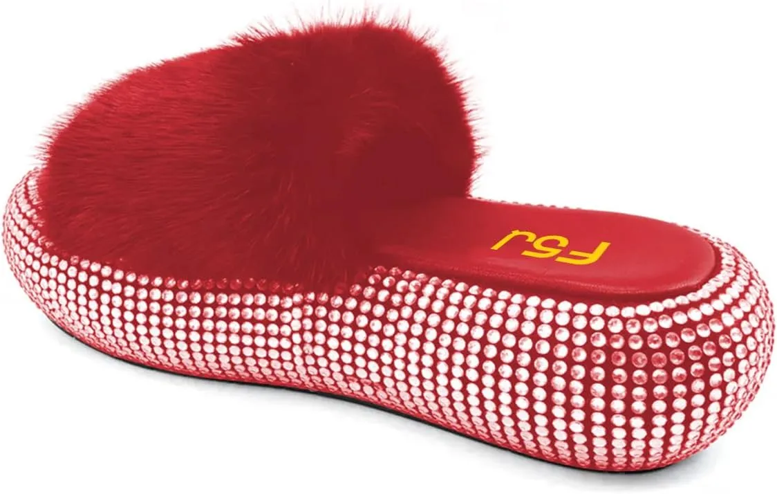 FSJ Women Fur Fur Open Toe Mules Studded Rhinestone Soft Thick Sole Slippers Slip On Casual Comfy Slide Sandals Size 4-15 US