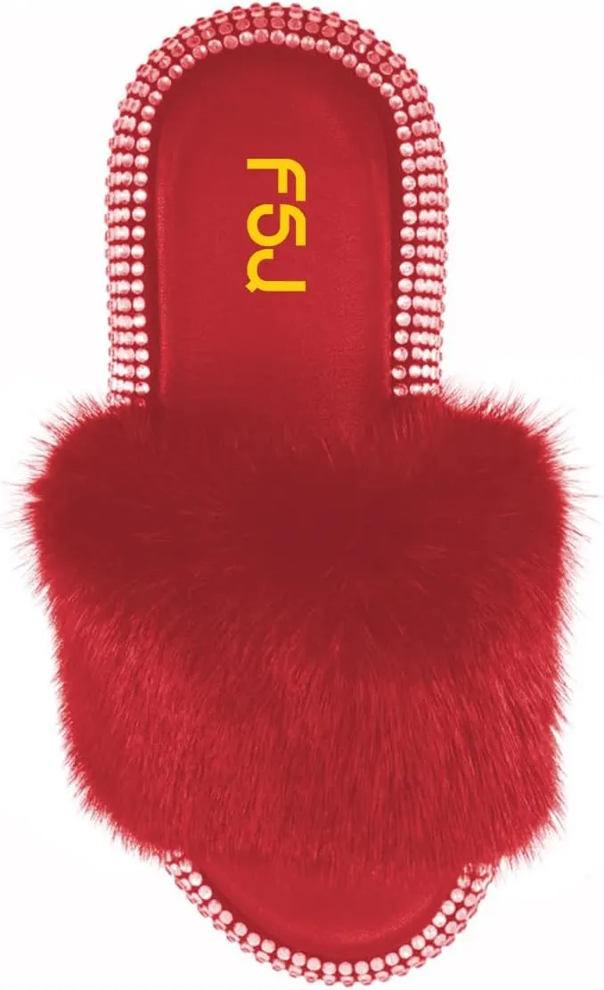 FSJ Women Fur Fur Open Toe Mules Studded Rhinestone Soft Thick Sole Slippers Slip On Casual Comfy Slide Sandals Size 4-15 US